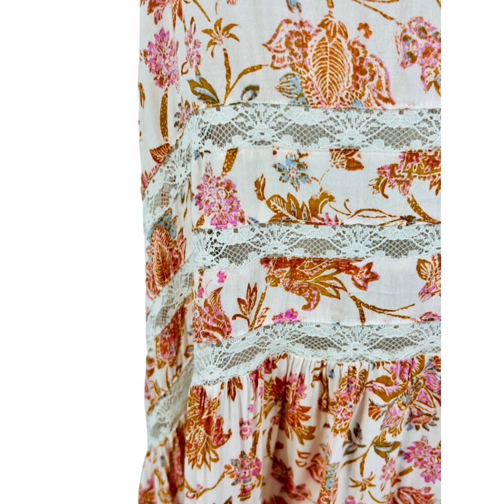 Free People White Orange Floral Voile & Lace Mini Dress | Coastal Cowgirl Boho M - Picture 4 of 16
